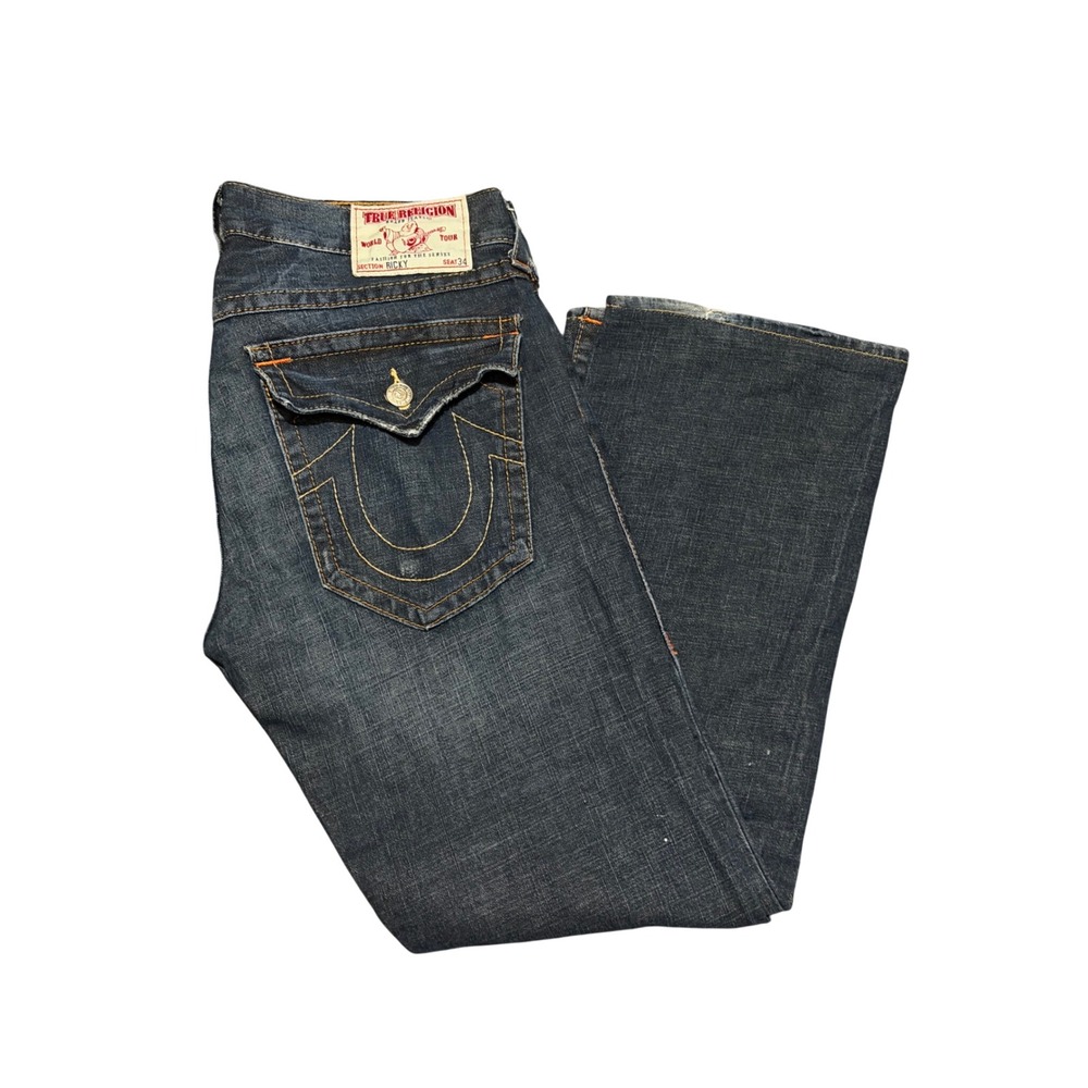 True Religion Ricky Straight Leg Jeans Mens 34 Dark Wash Distressed USA Made